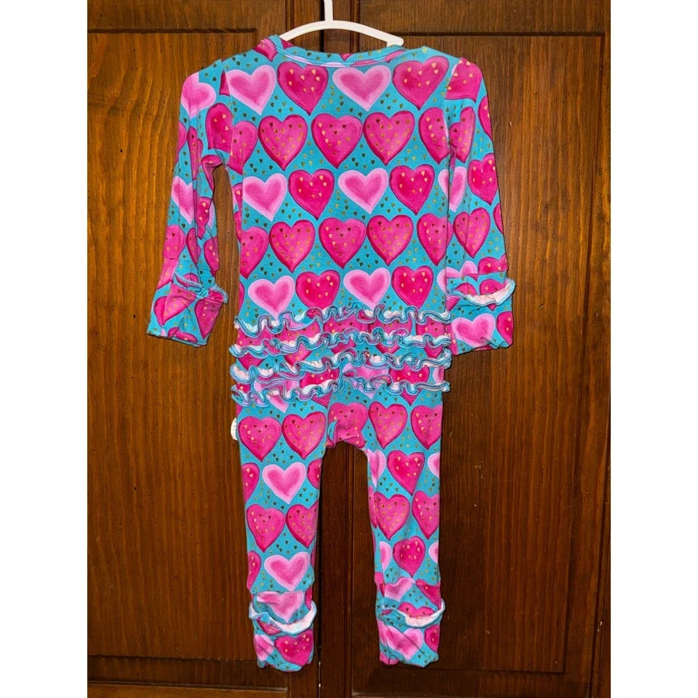 Gigi and Max Bamboo Viscose Heart Ruffle Romper Teal Pink 3-6M Sleeper Zip Up